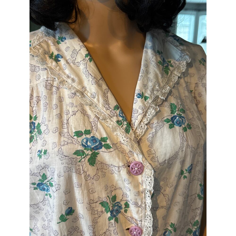 1950s Handmade Floral Day Dress Blue Rose Eyelet Trim Medium - Picture 9 of 16